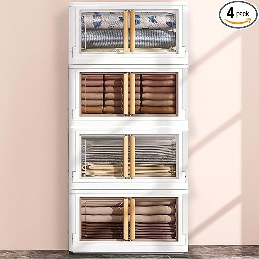 Storage Bins with Lids - 4 Packs Stackable Storage Bins,Collapsible Storage Bins,Plastic Storage ... | Amazon (US)