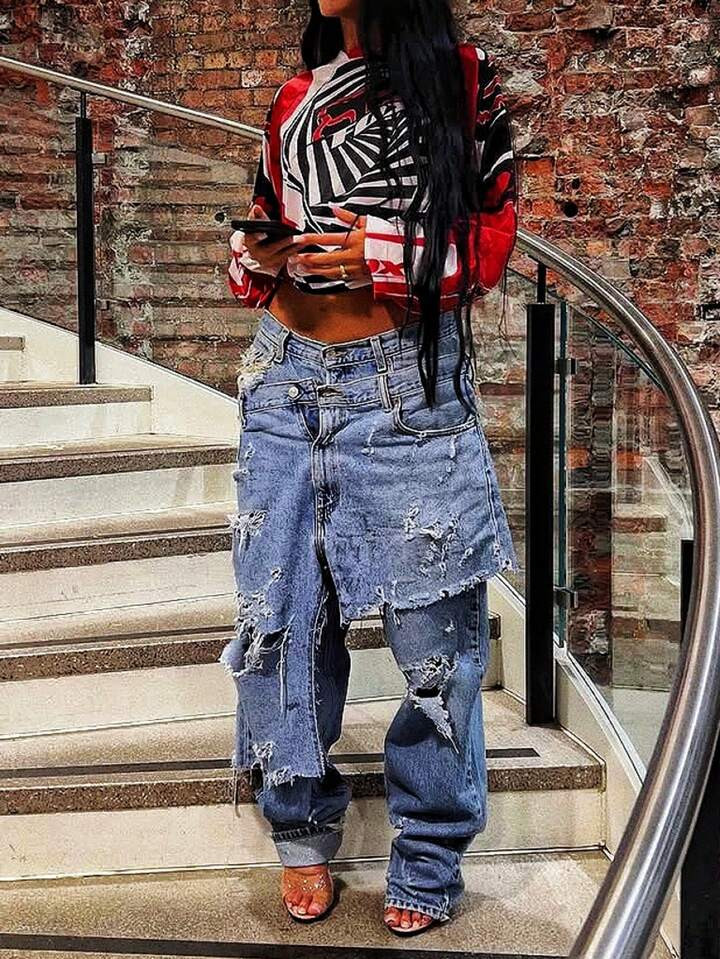 GLOURI Women's Deconstructed 2 In 1 Jeans - Low Rise Vintage Wash  & Asymmetric Distressed Rips |... | SHEIN