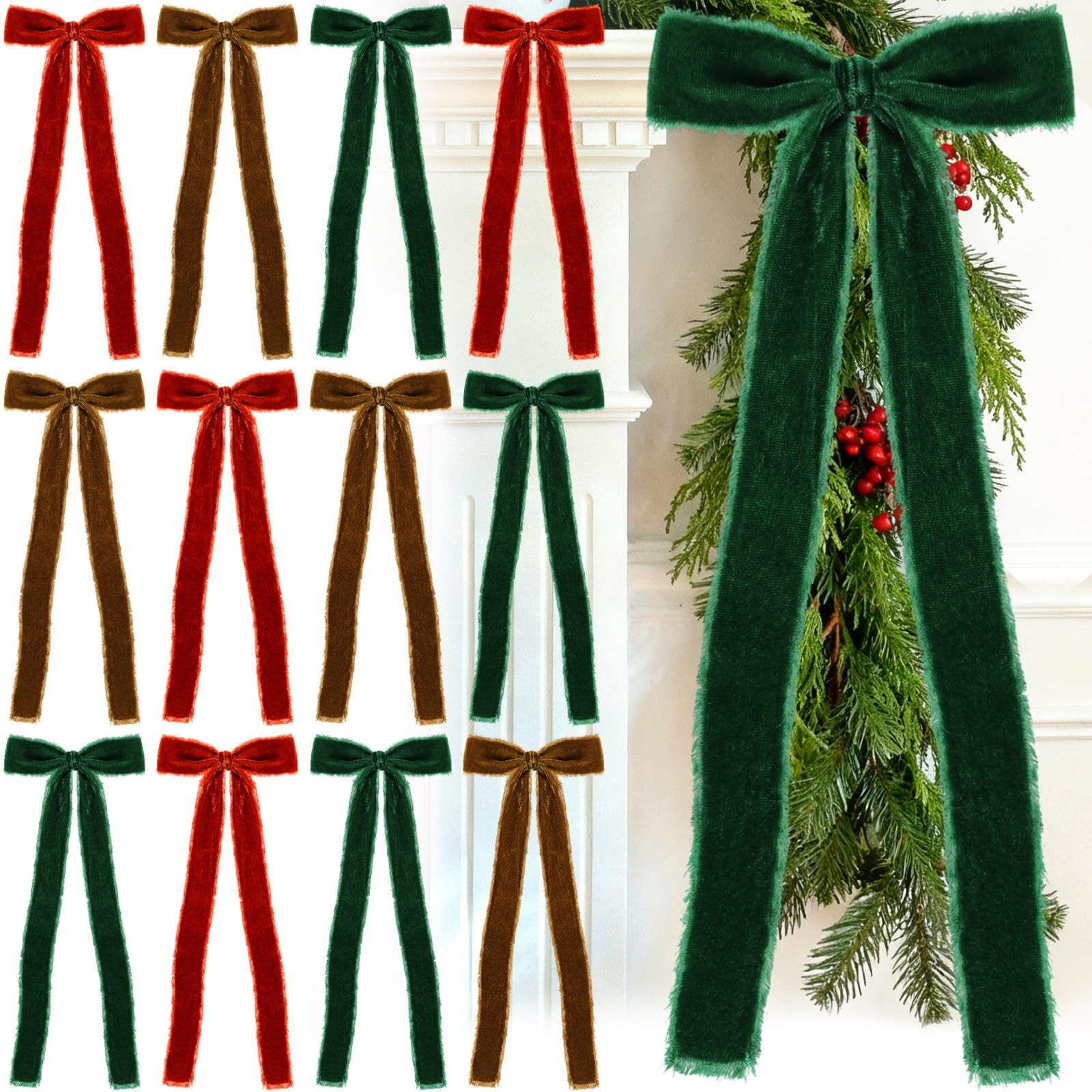 20 Pcs Vintage Color Large Velvet Christmas Bows 4.7" x 11" Big Pre Tied Handmade Fringe Velvet R... | Amazon (US)