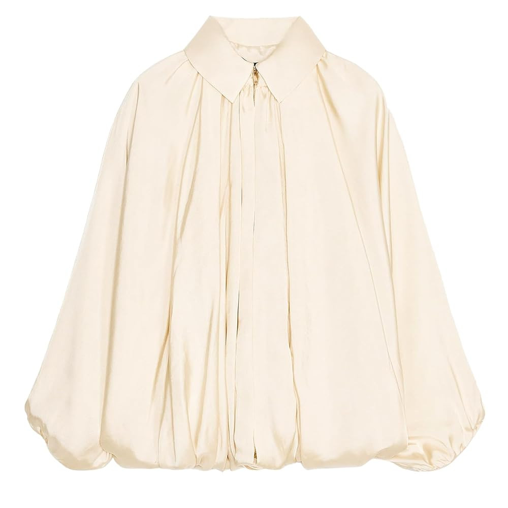 Womens Puffed Bomber Jacket Casual Batwing Sleeve Lapel Collar Zip Shirts Oversized Pleated Stree... | Amazon (US)