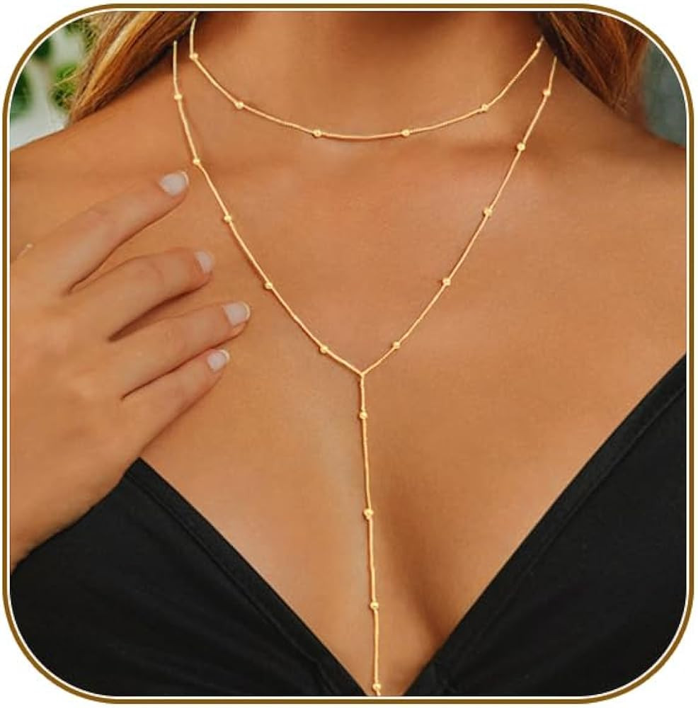 Lariat Gold Necklace for Women, Dainty Long Necklace 14k Gold Plated/Silver Y-Shaped Layered Bead... | Amazon (US)