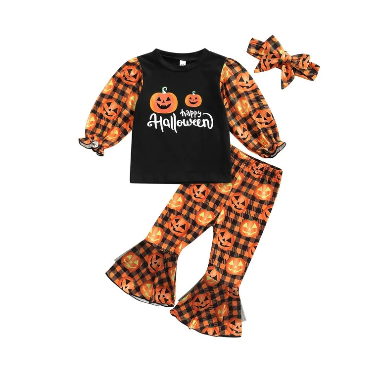 CenturyX Kids Baby Girls Boys Halloween Pumpkin Print Long Sleeve Tops Flared Pants Headband Clot... | Walmart (US)