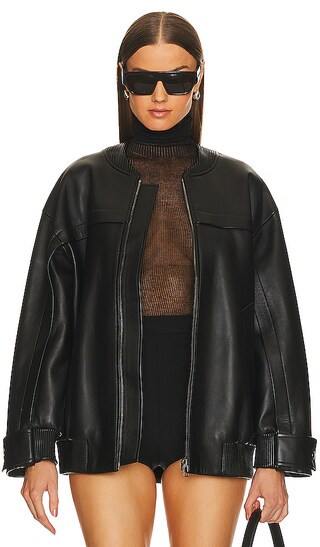 Oversized Leather Bomber Jacket in Black | Revolve Clothing (Global)