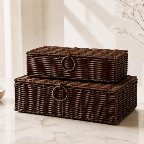 Hushee Set of 2 Wicker Storage Baskets with Lid Woven Wicker Storage Bins Woven Rattan Decorative... | Amazon (US)