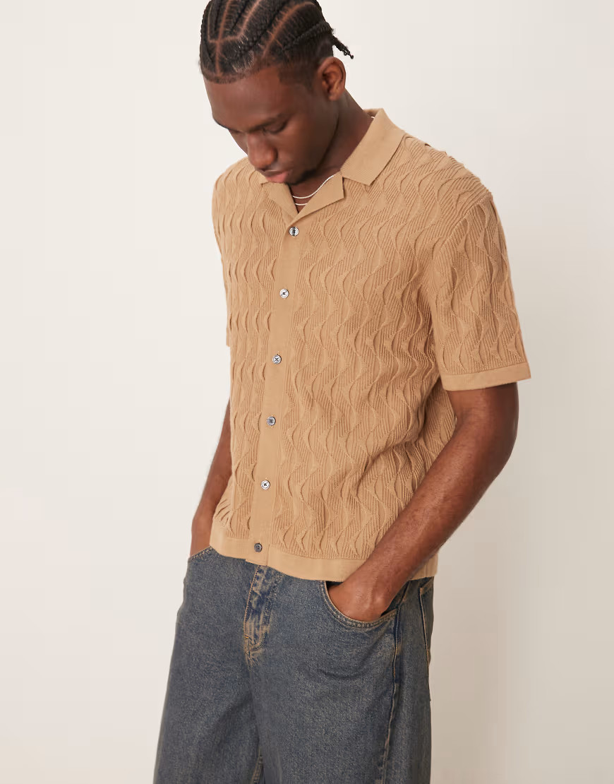 Abercrombie & Fitch short sleeve knit resort button through polo in brown | ASOS (Global)