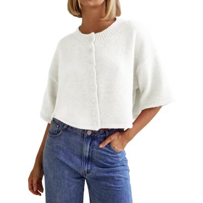 Women Summer Fall Casual Sweater Cardigan Short Sleeve Button Down Ribbed Knit Crop Top Crew Neck Loose Fit Shirt Blouse White XL | Target