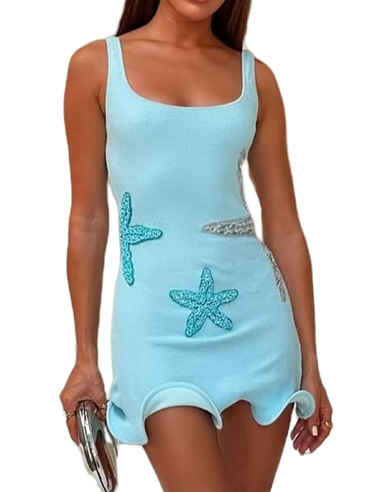 Women Y2k Starfish Mini Dress Sleeveless Sequin Bodycon Short Dress Sexy Sparkly Ruffle Hem Beach... | Amazon (US)