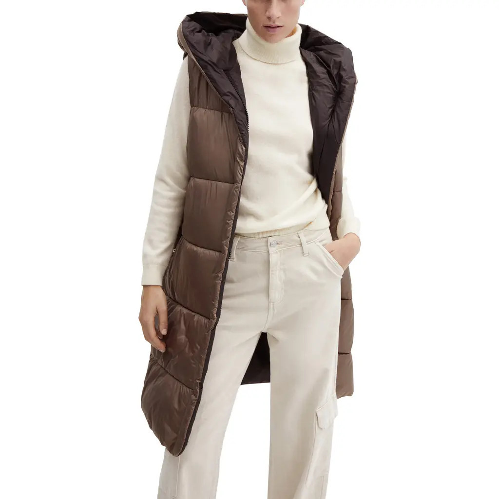 MANGO Long Quilted Water Repellent Hooded Puffer Vest in Medium Brown at Nordstrom, Size X-Small | Nordstrom