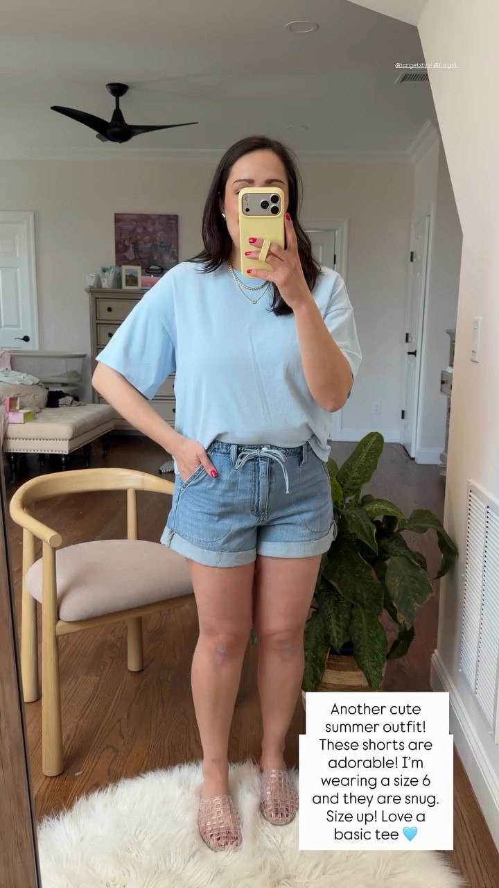 Another cute summer outfit! These shorts are adorable! I’m wearing a size 6 and they are snug. Size up! Love a basic tee 🩵 @targetstyle @target