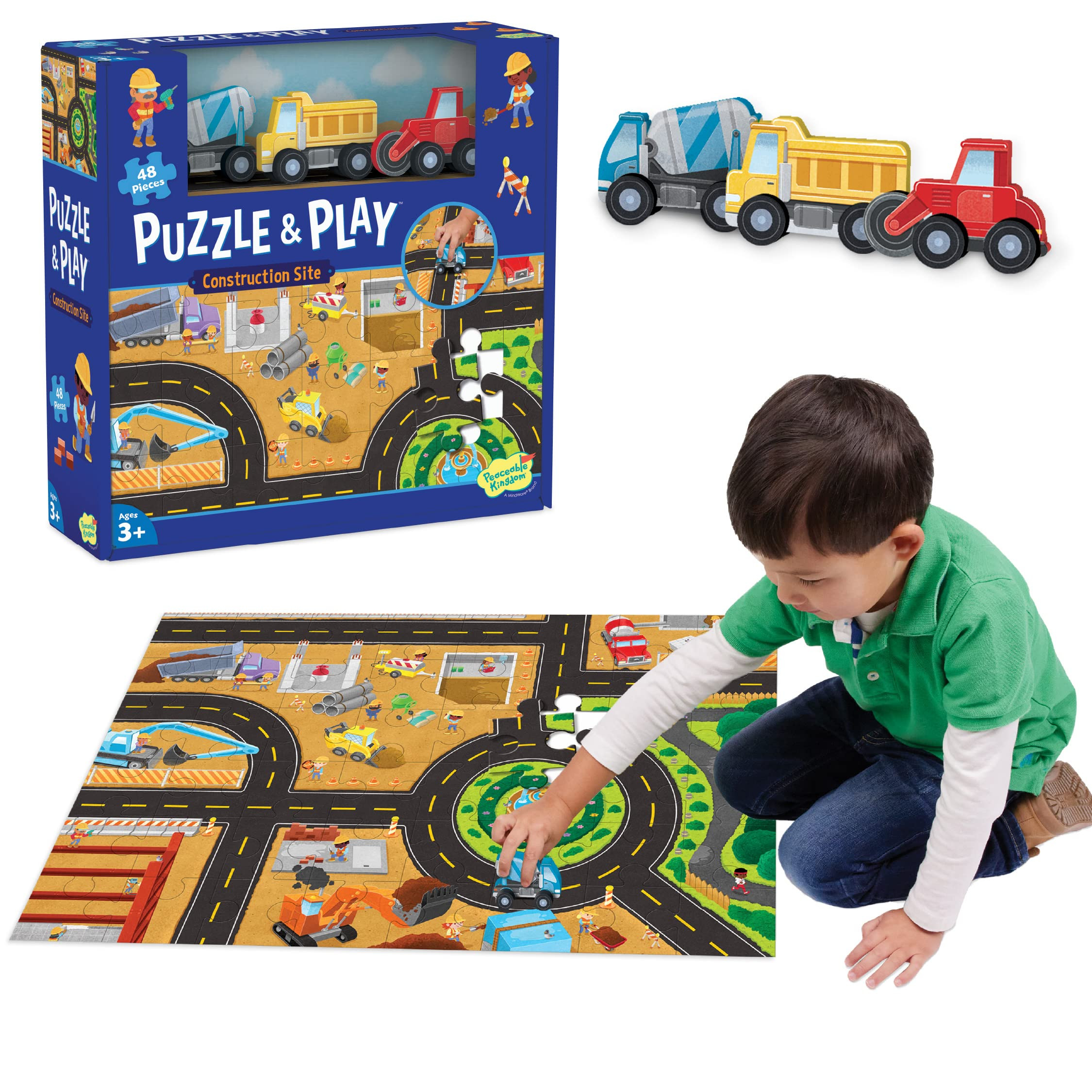 Peaceable Kingdom Puzzle and Play: Construction Site – 48-Piece Puzzle Includes 3 Wooden Constr... | Amazon (US)