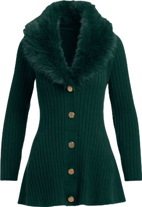 Faux Fur Trim Button Up A-Line Cardigan - Emerald | Boston Proper | Boston Proper