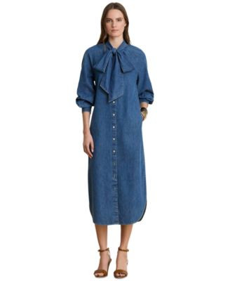 Lauren Ralph Lauren Women's Denim Tie-Neck Midi Shirtdress - Atlantic Blue Wash | Macy's