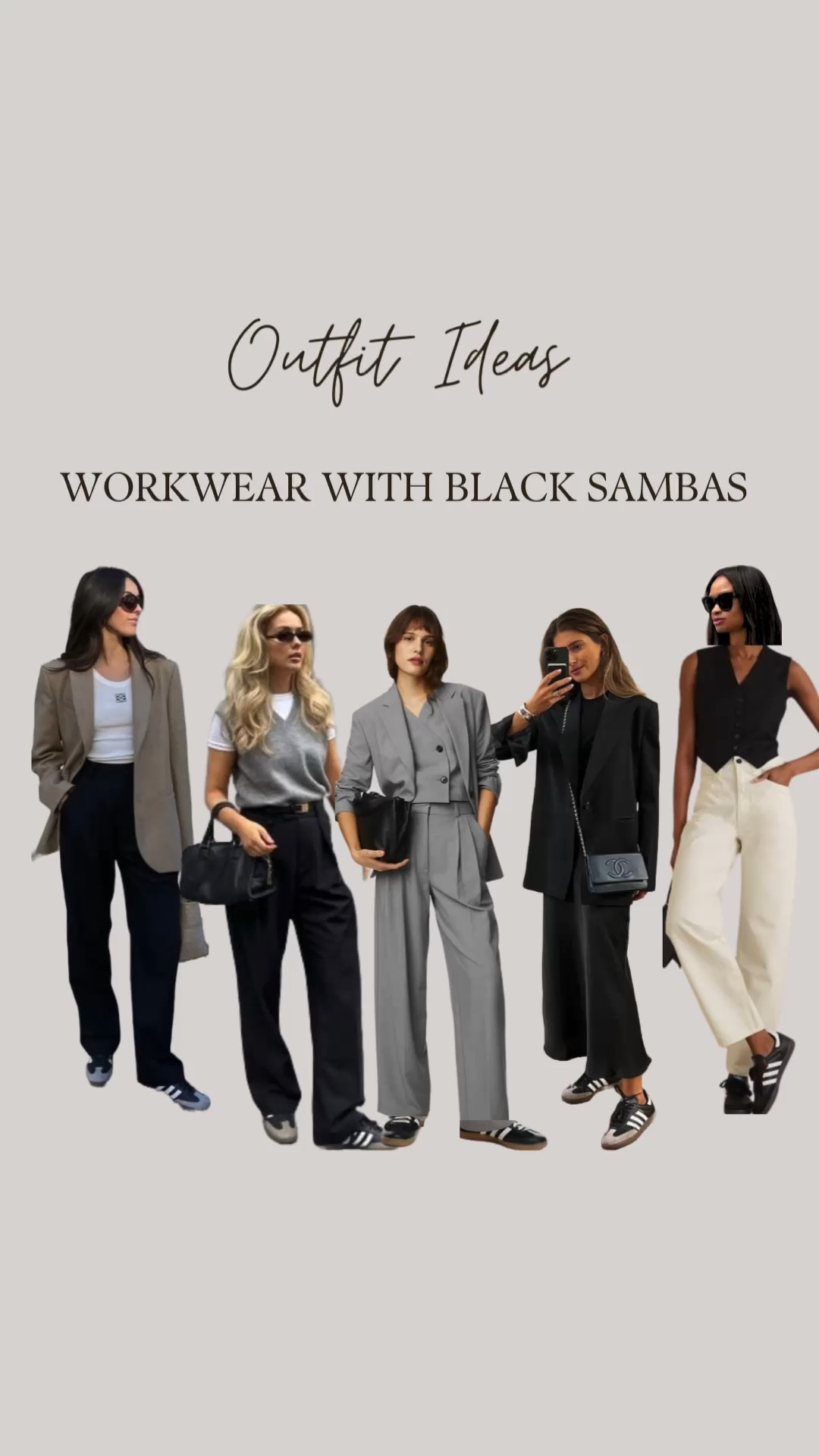 Office outfits with Adidas Black Samba OG. Wide leg trouser, blazers, cropped vest, waistcoat, jeans.

#LTKWorkwear #LTKStyleTip