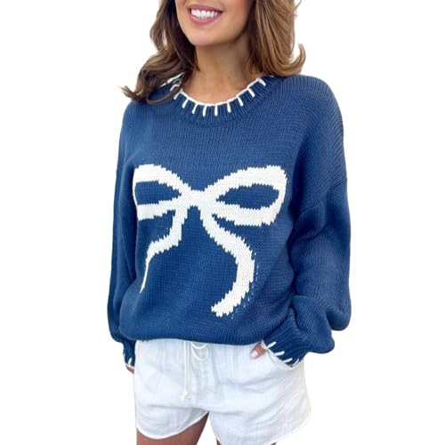 Women Y2K Bow Print Pullover Sweater Cute Graphic Long Sleeve Crewneck Knitwear Vintage Oversized Knit Jumper Top(Bowknot Blue,Medium | Amazon (US)