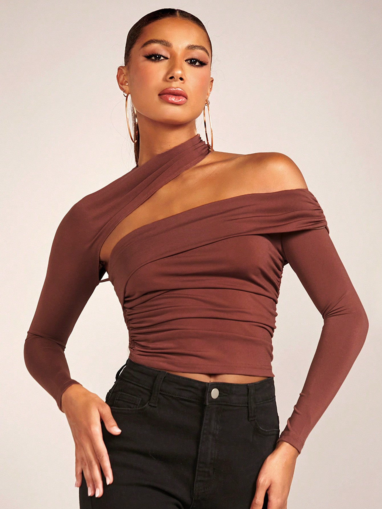 SHEIN BAE Asymmetrical Neck Ruched Side Crop Top | SHEIN USA | SHEIN