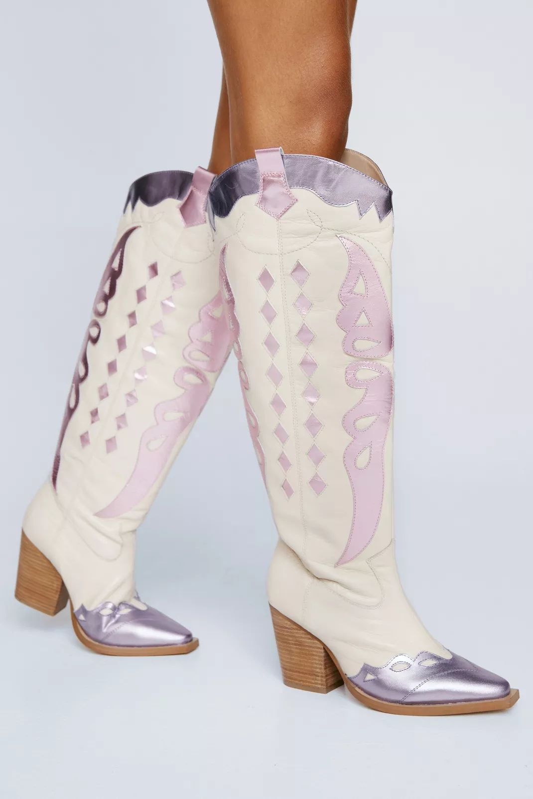 Leather Metallic Butterfly Knee High Western Boot | Nasty Gal (US)
