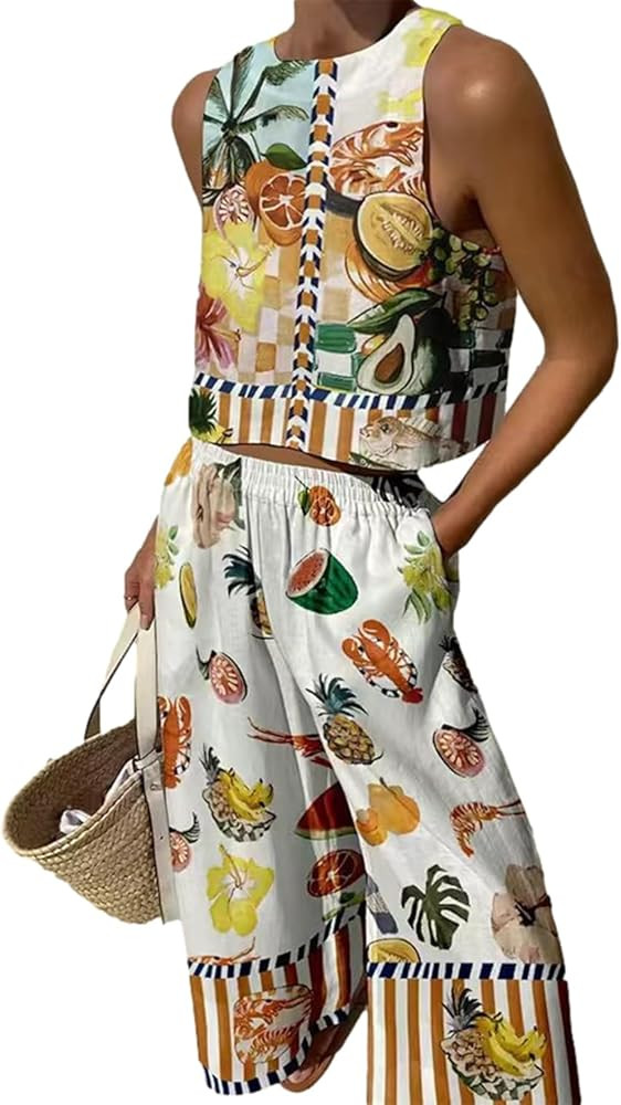 Women's Printed 2 Piece Sets Summer Sleeveless Tank Crop Top and Long Pants Boho Matching Sets | Amazon (US)