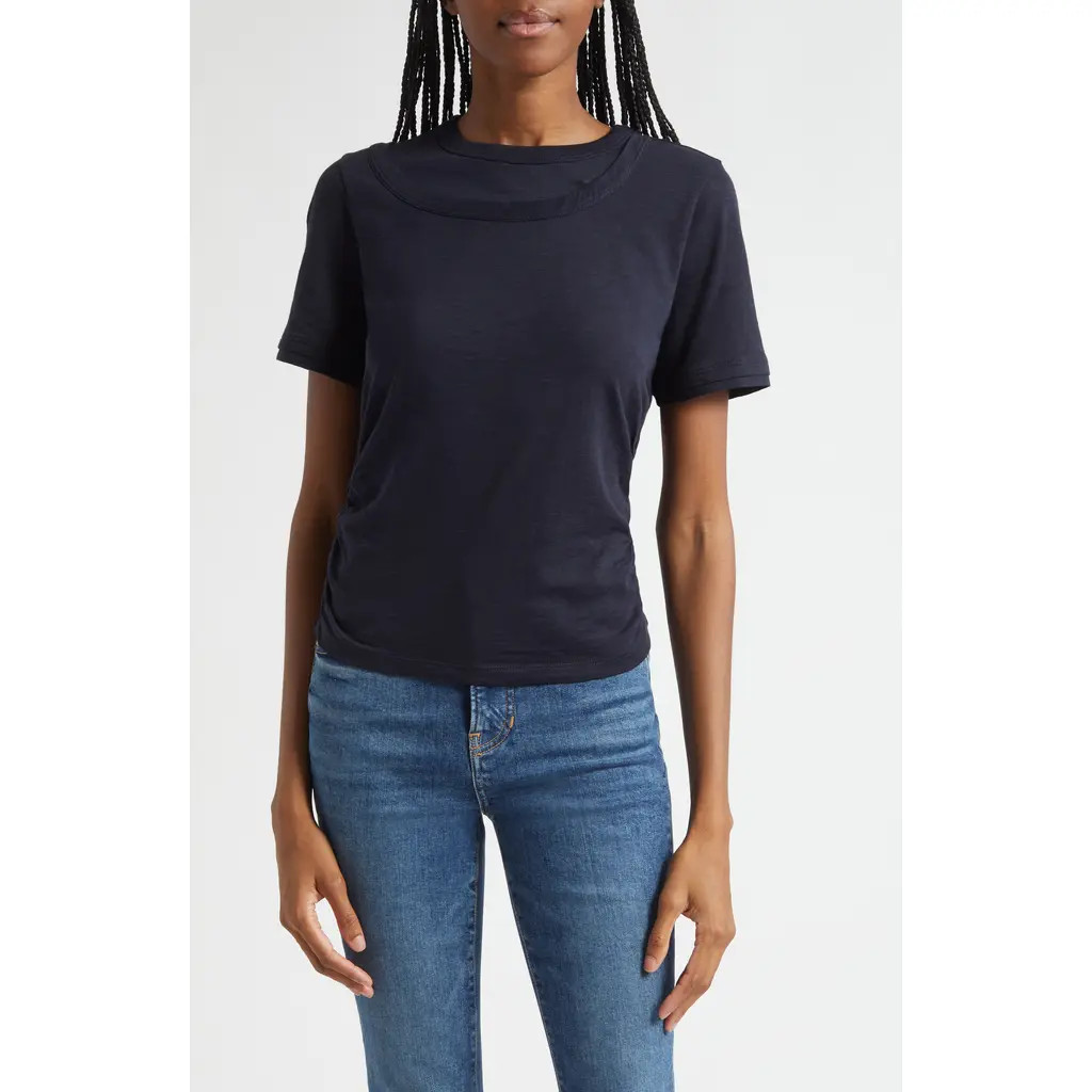 Veronica Beard Damian Ruched Double Collar T-Shirt in Navy at Nordstrom, Size Medium | Nordstrom