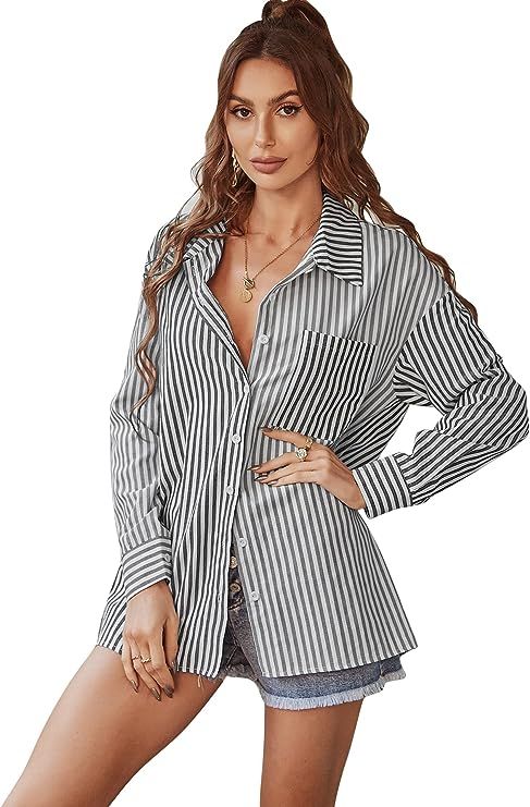 KAYWIDE Women's Striped Button Down Shirts Casual Long Sleeves Lapel Collar Tunic Tops Boyfriend ... | Amazon (US)