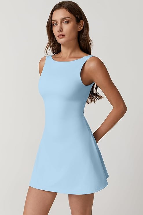 QINSEN Womens Open Back Tennis Dress Sleeveless Built in Shorts Golf Athletic Dress with Pockets | Amazon (US)