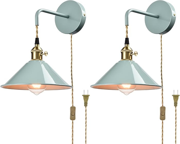 Sea Green Wall Sconce 2-Pack, Hanging Height-Adjustable Wall Lamp, Plug-in&Hardwire Optional Wall... | Amazon (US)