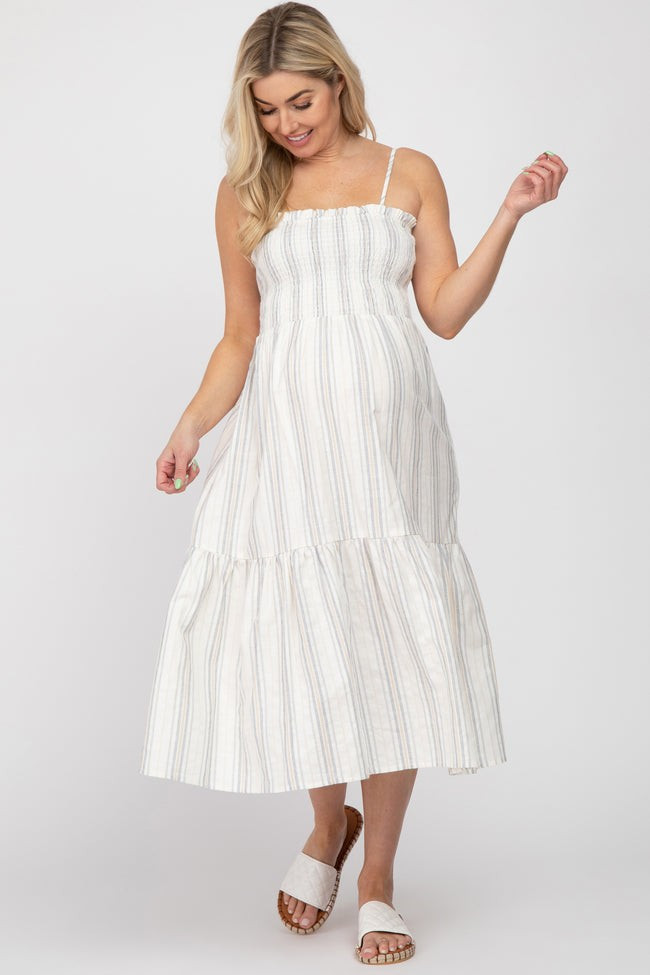 Taupe Striped Smocked Square Neck Maternity Midi Dress | PinkBlush Maternity