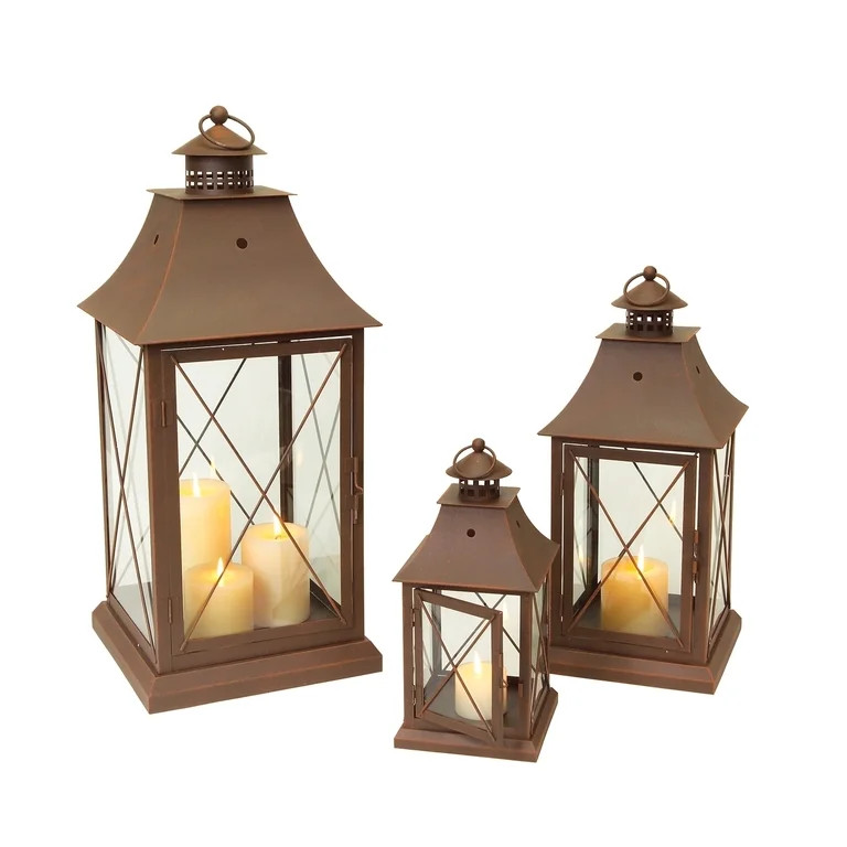 Metal Lantern Set of 3 - Rustic Brown Decorative Lanterns for Home Decor | Walmart (US)
