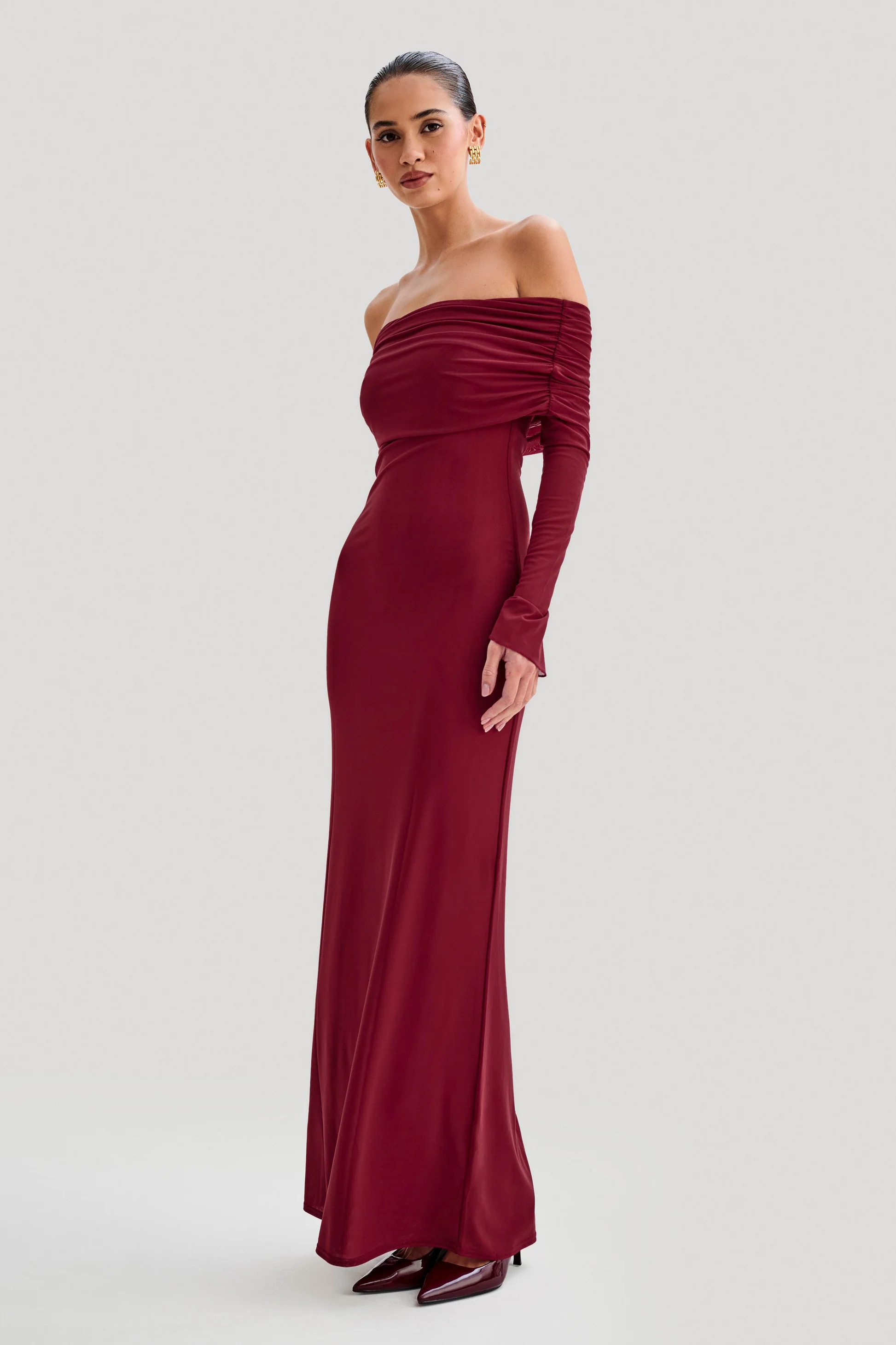 Josie Off Shoulder Mesh Maxi Dress - Wine | MESHKI US