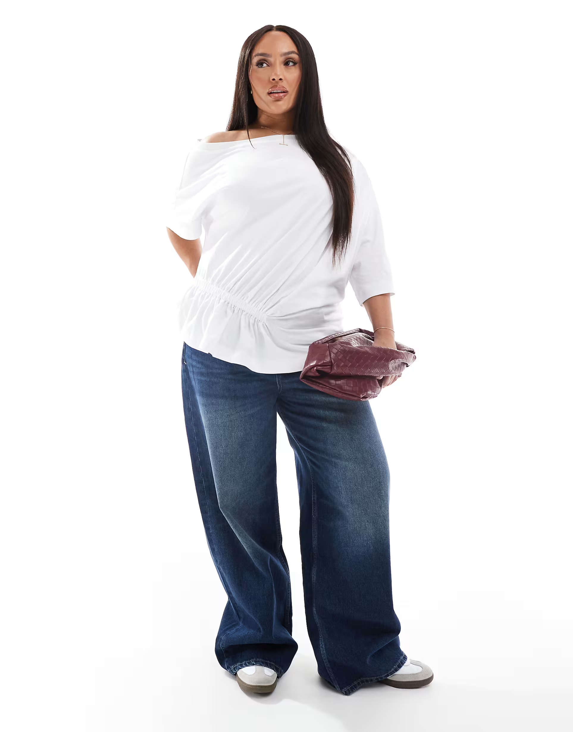 ASOS DESIGN Curve off shoulder T-shirt with elastic ruched detail in white | ASOS (Global)