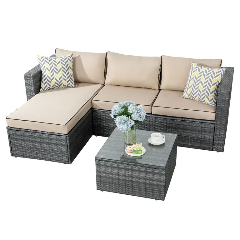 Walsunny 3 Piece Khaki Outdoor Furniture Sectional Sofa Patio Set with Silver Gray Rattan Wicker | Walmart (US)