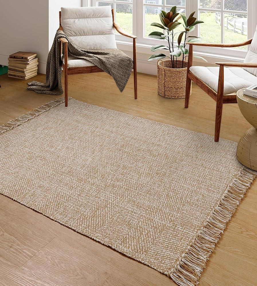 Collive Comfy Area Rug 4' x 6', Tan/Cream Woven Cotton Bedroom Rugs, Modern Indoor Accent Rug Flo... | Amazon (US)