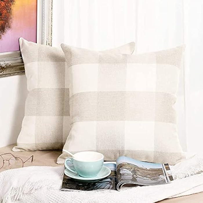 Set of 2 Farmhouse Buffalo Check Plaid Throw Pillow Covers Retro Checkers Plaids Cotton Linen Soft S | Amazon (US)