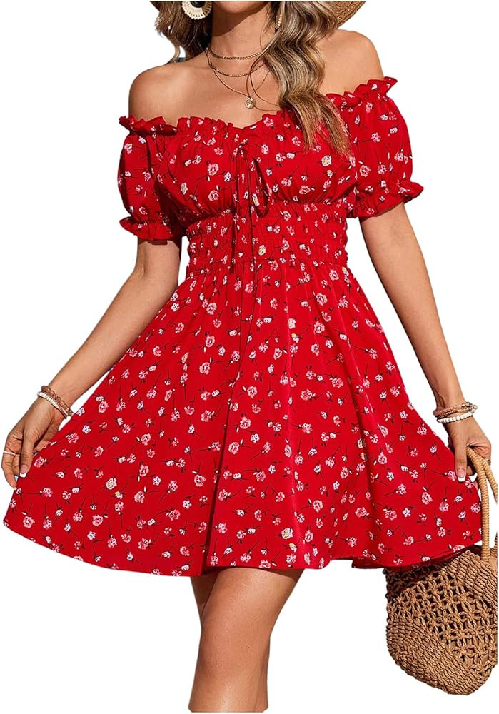 Milumia Women's Floral Off Shoulder Puff Sleeve Short Dress Boho Frill Trim A Line Mini Dresses | Amazon (US)