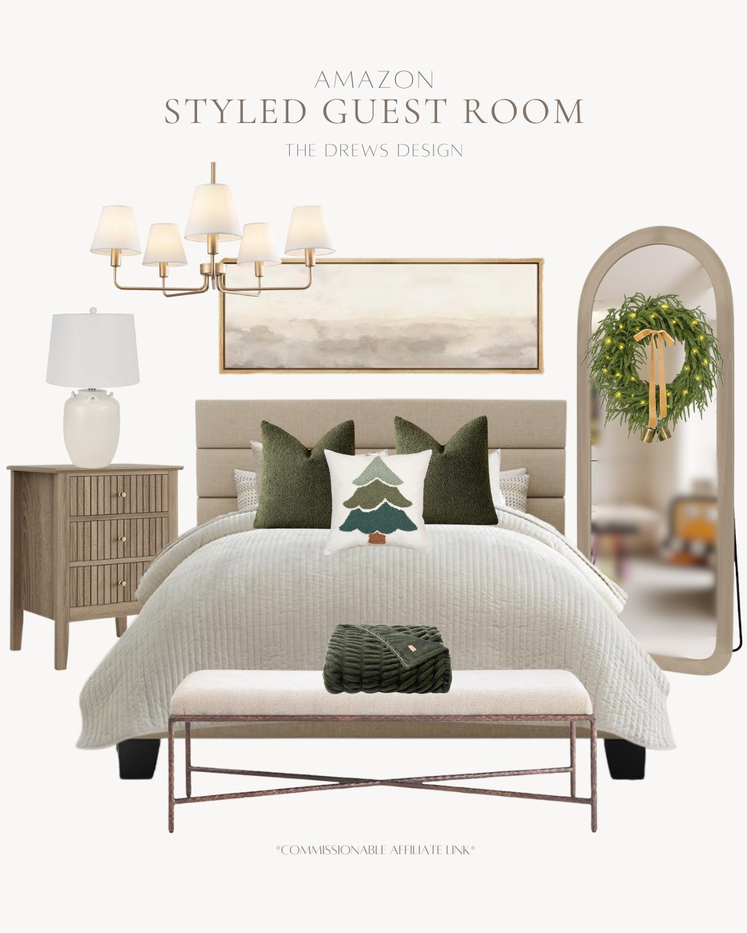 Styled holiday guest room includes floor mirror, wreath, wall art, chandelier, nightstand, table lamp, bench, blanket, bedding, throw pillows.

Holiday decor, neutral holiday, holiday hosting, guest roomm includes

#LTKFindsUnder100 #LTKHoliday #LTKHome