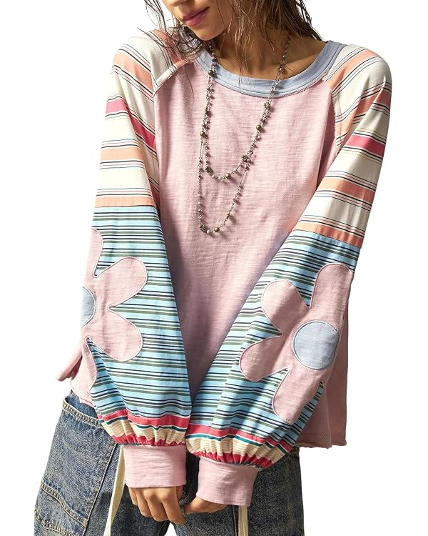 BEAUDRM Women's Oversized Sweatshirt Boho Tops Crewneck Sweatshirt | Boho Clothes, Bohemian Tops,... | Amazon (US)