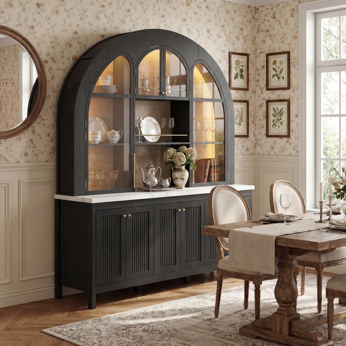 Large Glass Wine Cabinet With Arched Design, Bluetooth LED Lights | Wayfair North America