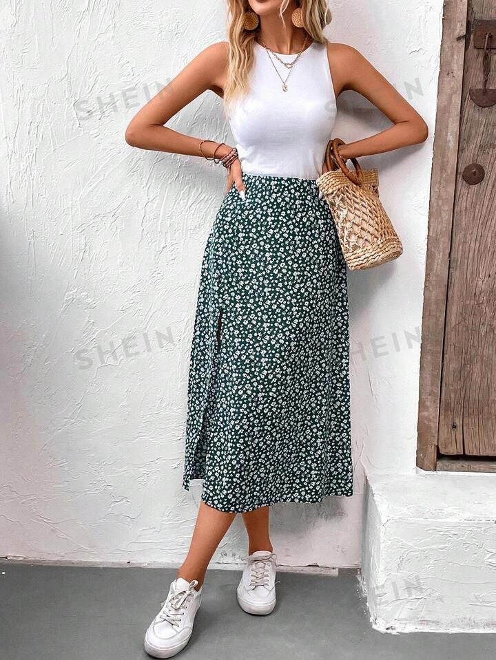 SHEIN Frenchy Solid Tank Top & Ditsy Floral Split Thigh Skirt Set,Bridgerton | SHEIN USA | SHEIN