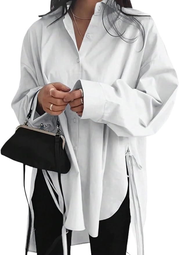 Blouses for Women Trendy Single Breasted Solid Color Long Sleeve Shirt Fashion Tops Tee | Amazon (US)