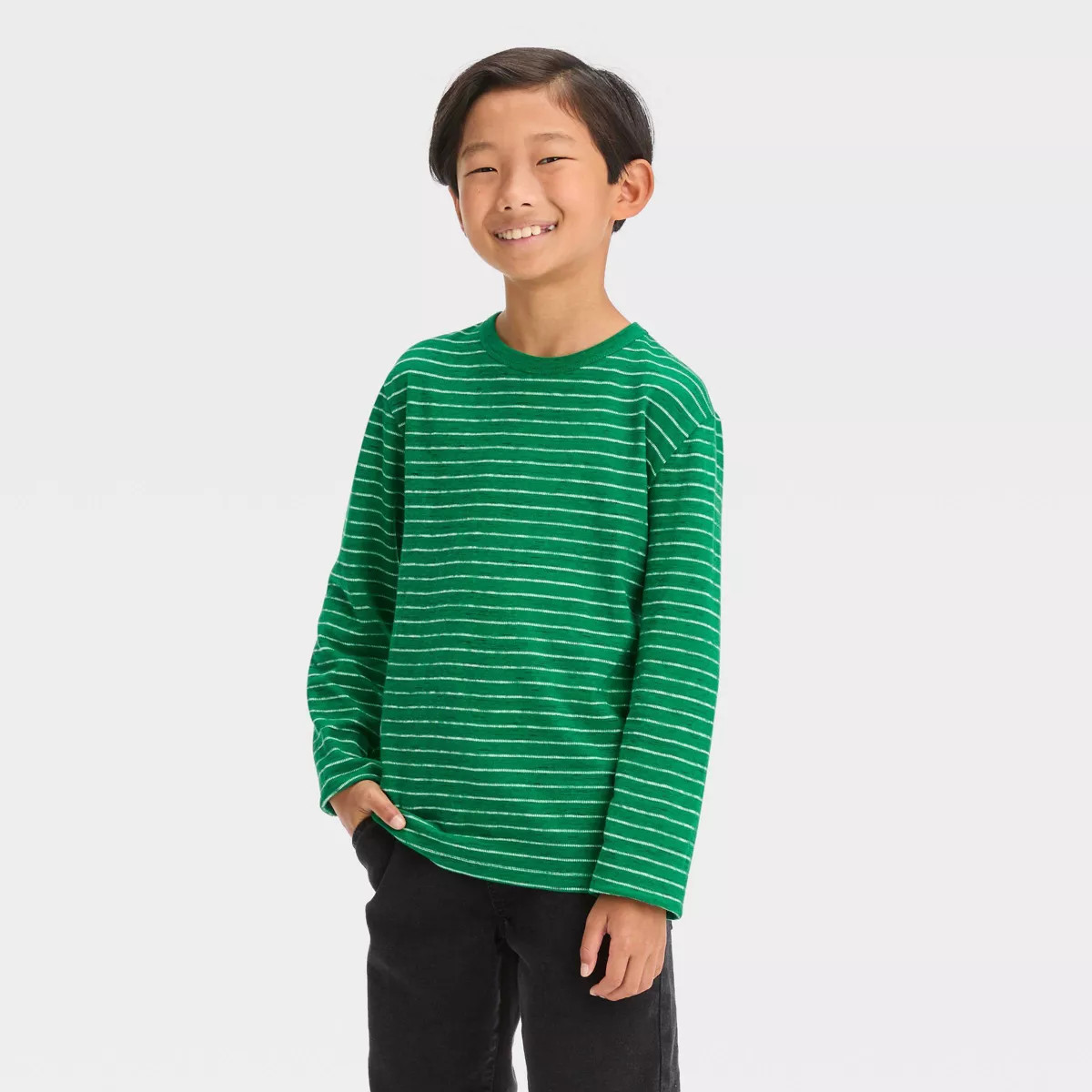 Boys' Long Sleeve Feeder Striped T-Shirt - Cat & Jack™ Heather Green S | Target