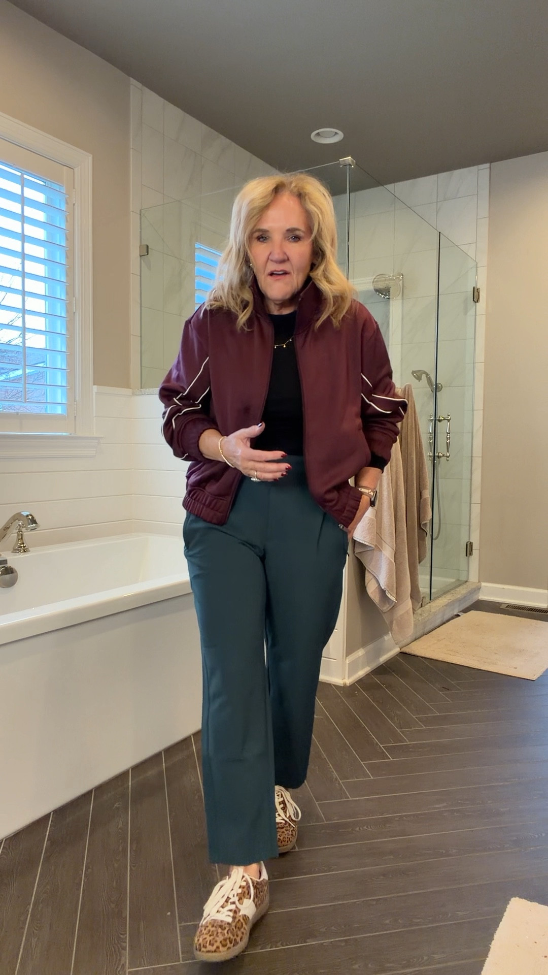 Endless pant @athleta wearing an 8 petite. I also love the pinnacle trouser, the Venice jogger and the skyline barrel. Excellent for travel, work or everyday. 
Walmart tee and track jacket size medium.  There are tracks pants to match. You just need to size down in them  

#LTKOver40 #LTKPetite #LTKTravel
