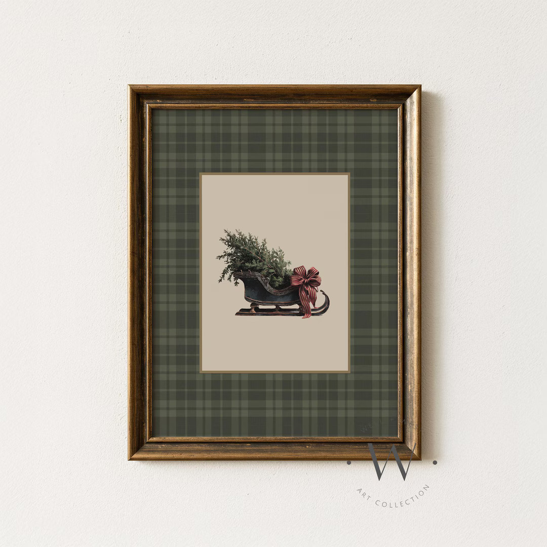 Green Plaid Christmas Sleigh Print: Vintage Style Holiday Decor With Red Striped Bow, Printable W... | Etsy (US)