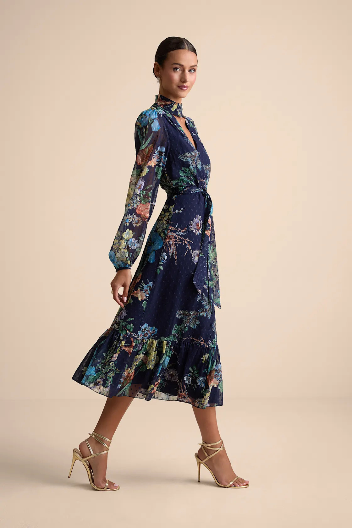 Fallyn Navy Floral Swiss Dot Long Sleeve Midi Dress | Lulus