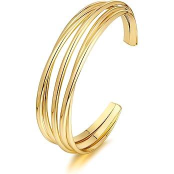 Gold Cuff Bracelet for Women Chunky Multi-layer Cross Wire Open Bracelet Hollow Wide Cuff Bracele... | Amazon (US)