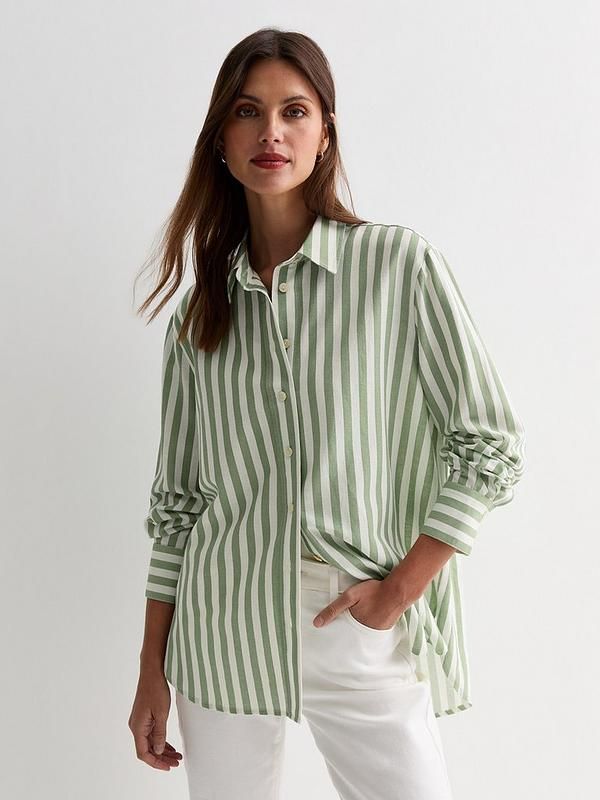 Green Stripe Linen-look Long Sleeve Shirt | Very (UK)