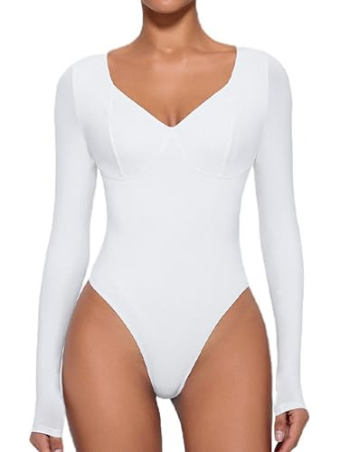 Avidlove Womens Bodysuit White Thong Bodysuits V Neck Double Lined tummy control shapewear （White S） | Amazon (US)
