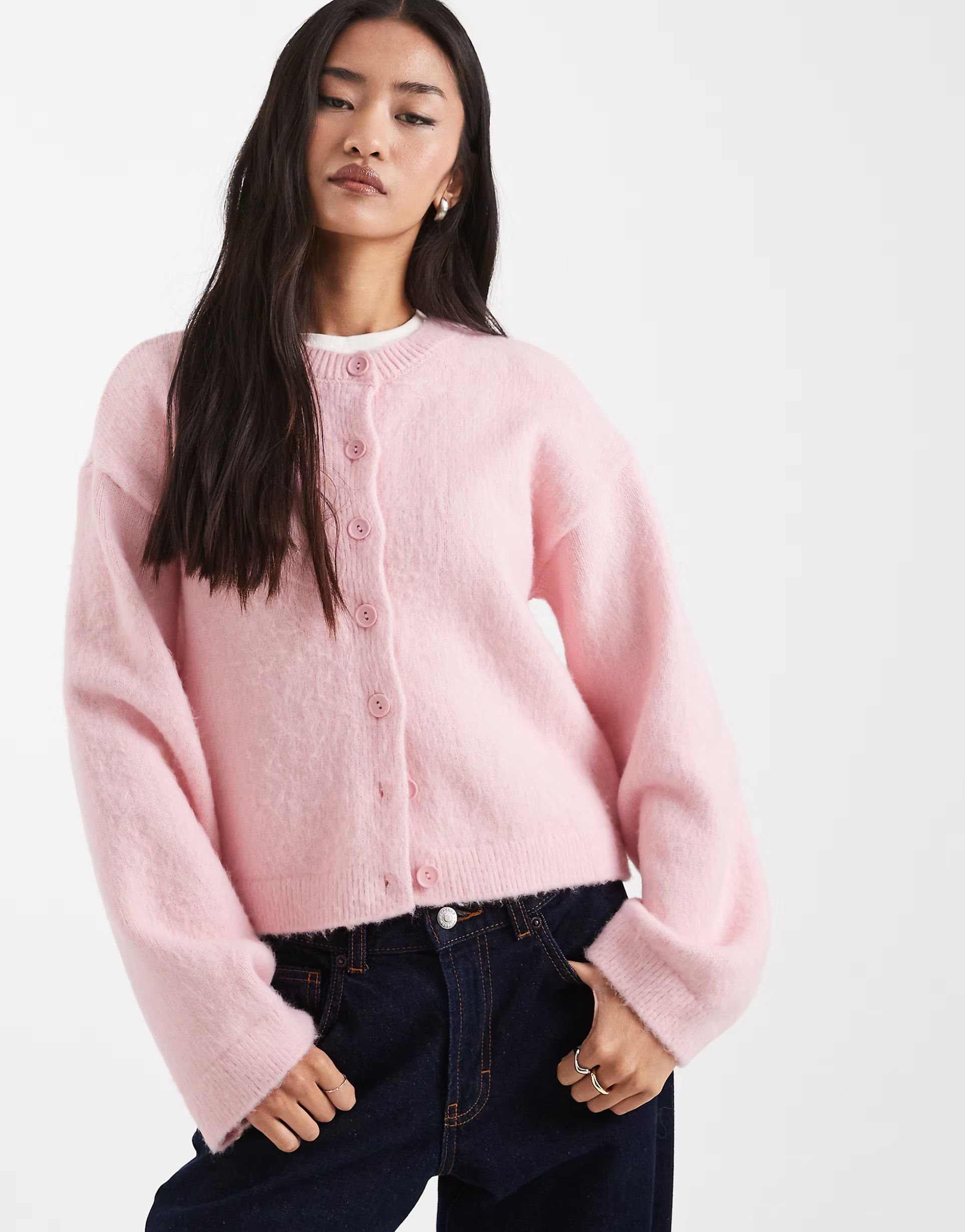ASOS DESIGN brushed knitted cardigan in pink | ASOS (Global)