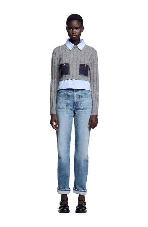 SANDRO Cropped wool and cashmere sweater in Grey at Nordstrom, Size X-Large | Nordstrom