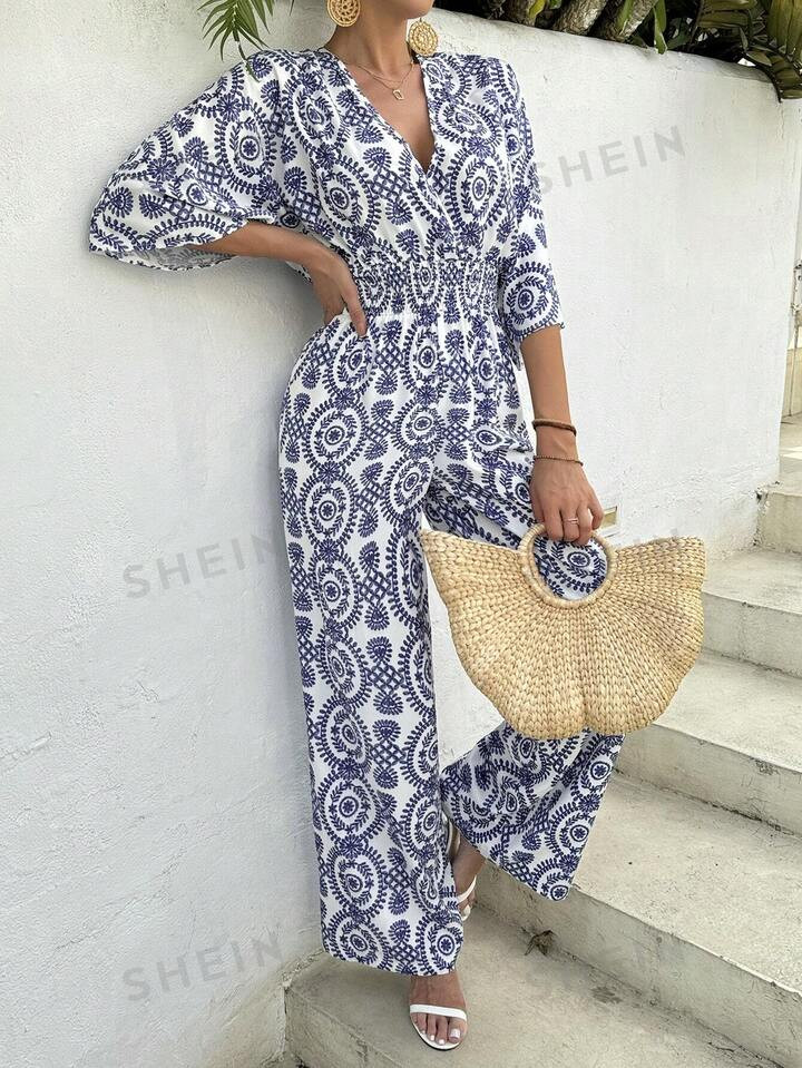 SHEIN VCAY Women's Plant Print Wrap Front Jumpsuit With Waist Tie | SHEIN