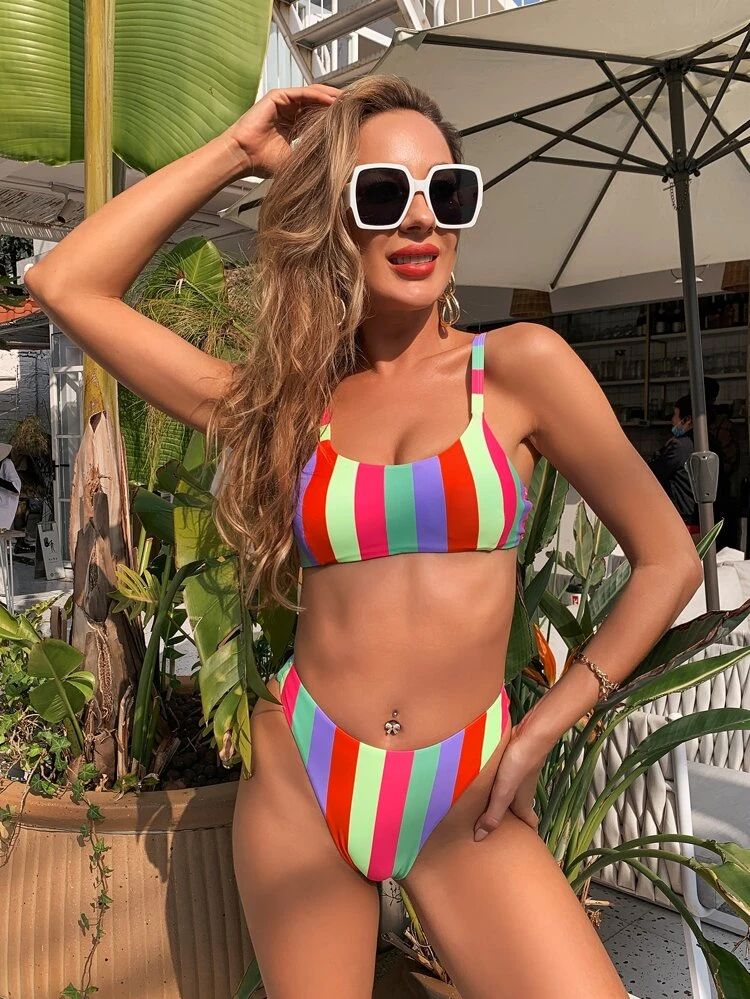 Colorful Striped Bikini Swimsuit | SHEIN