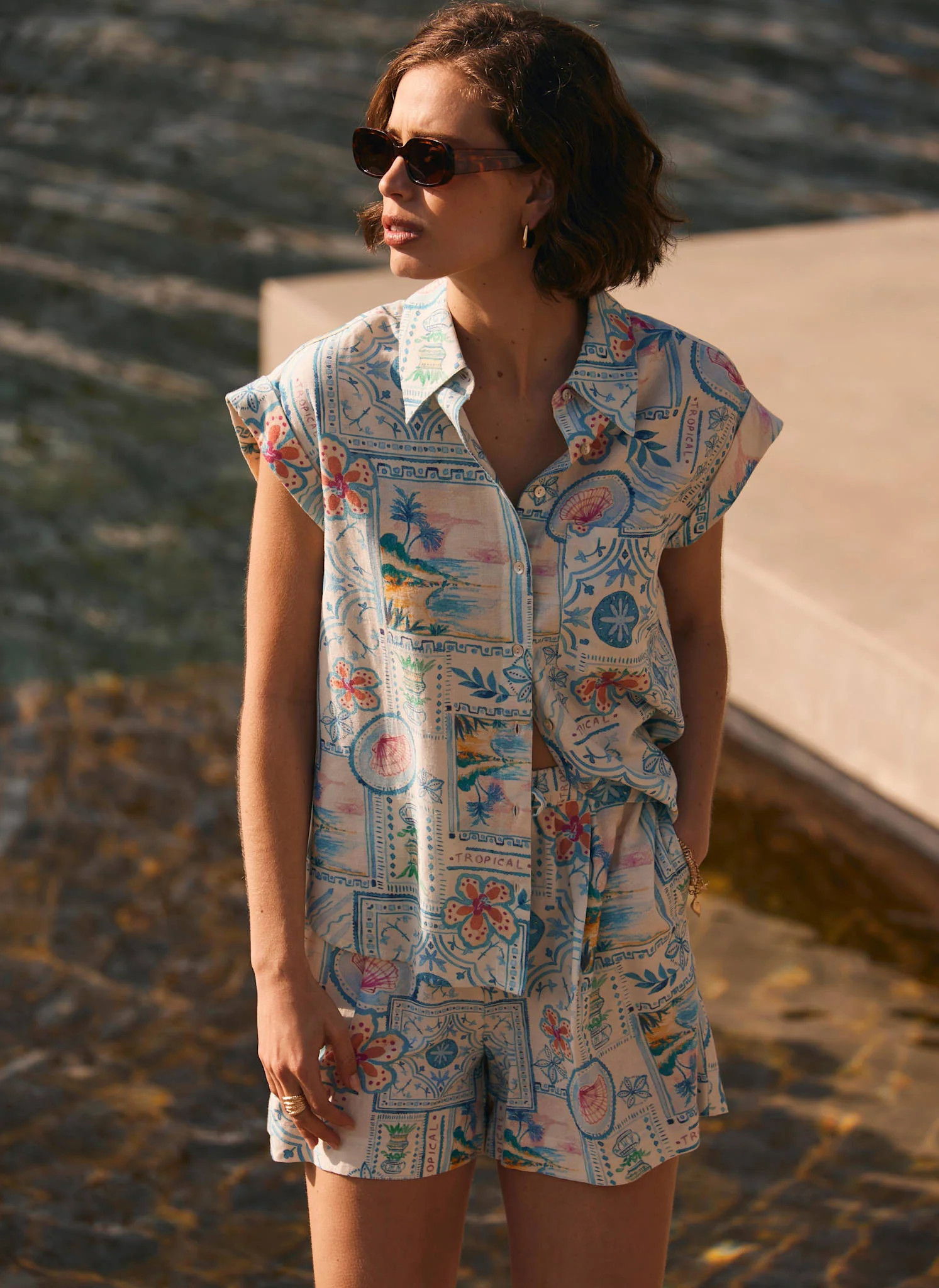 Cream Postcard Print Resort Shirt | Mint Velvet